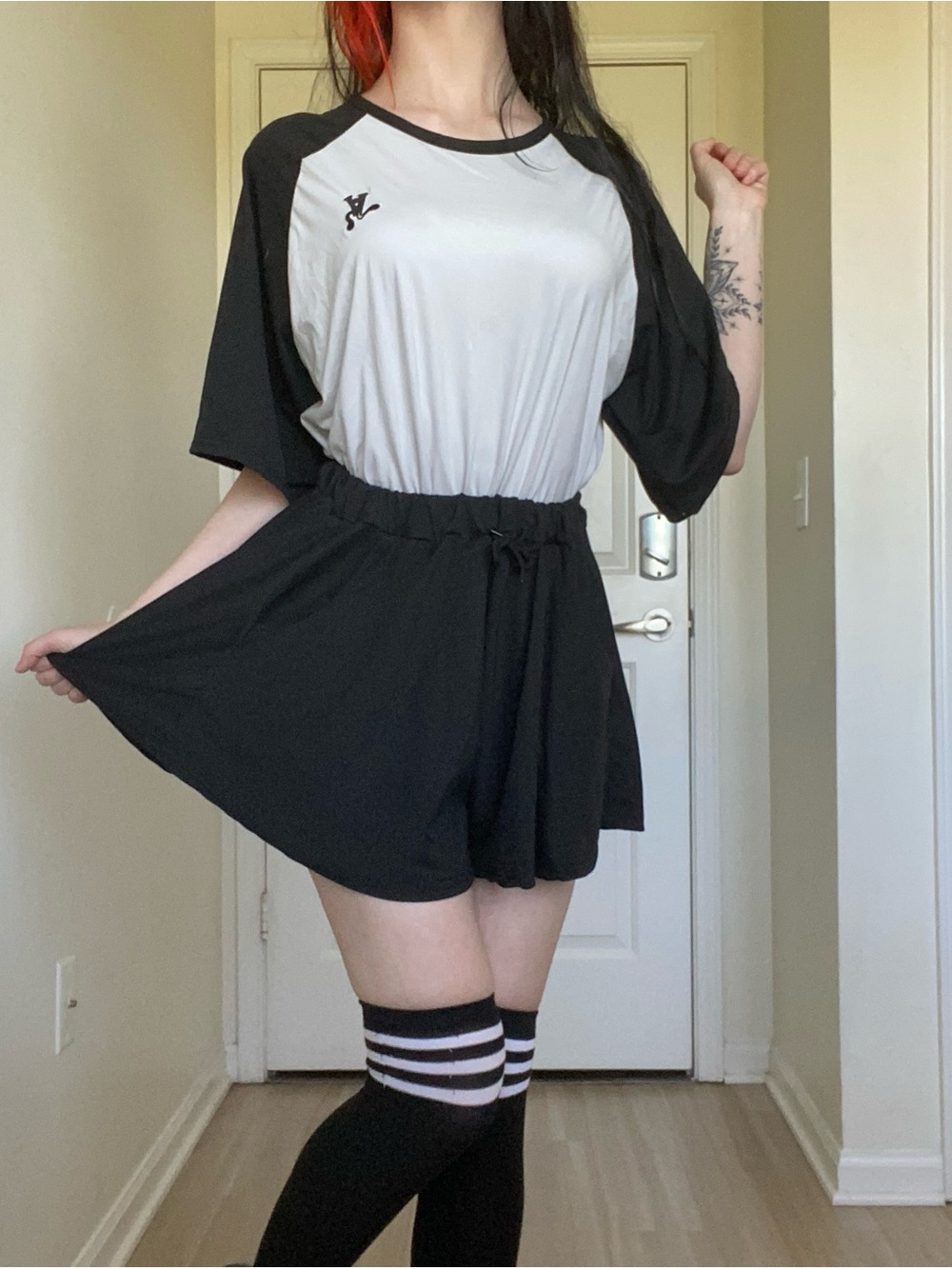 Black and white Y2K sporty skater skirt and baseball tee